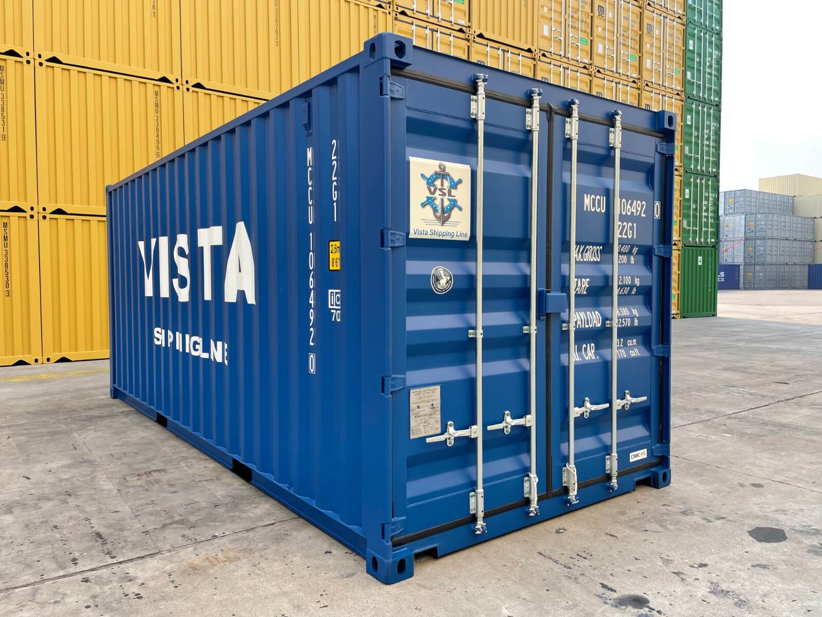 Shipping container close-up with company logo